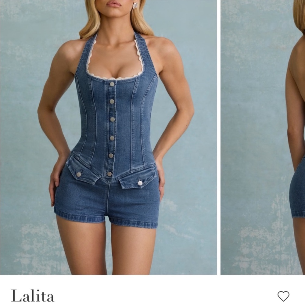 Oh Polly Light Blue Denim Halter Romper - Picture 2 of 6